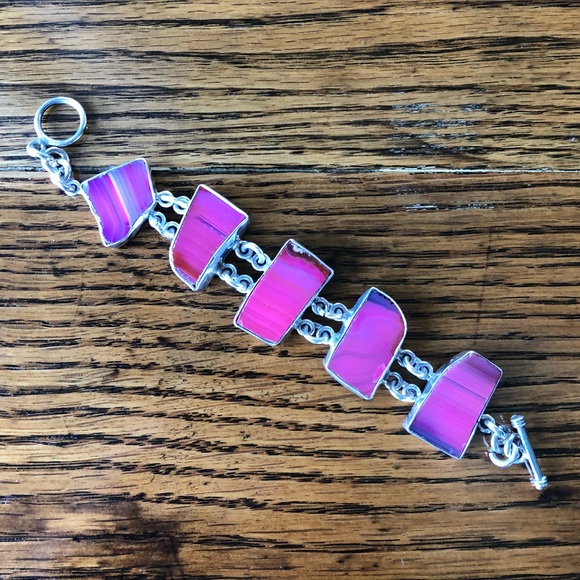 Vintage Sterling Silver Pink Agate Toggle Bracelet - Picture 5 of 16